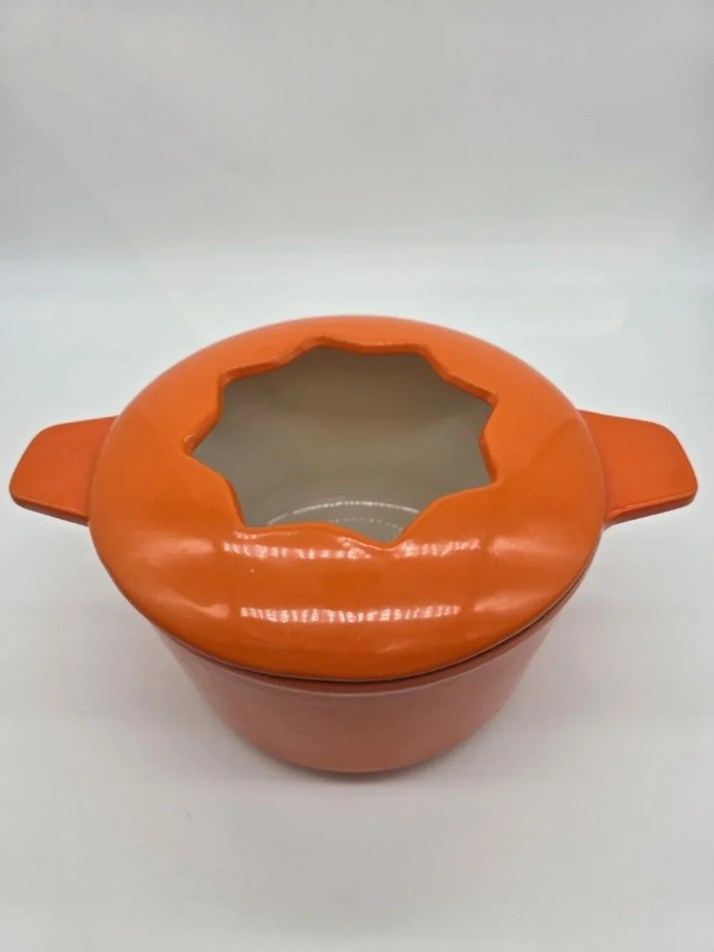 Cast Iron Fondue Pot Orange Enamel Cookware Star Top Cheese Heavy Dish